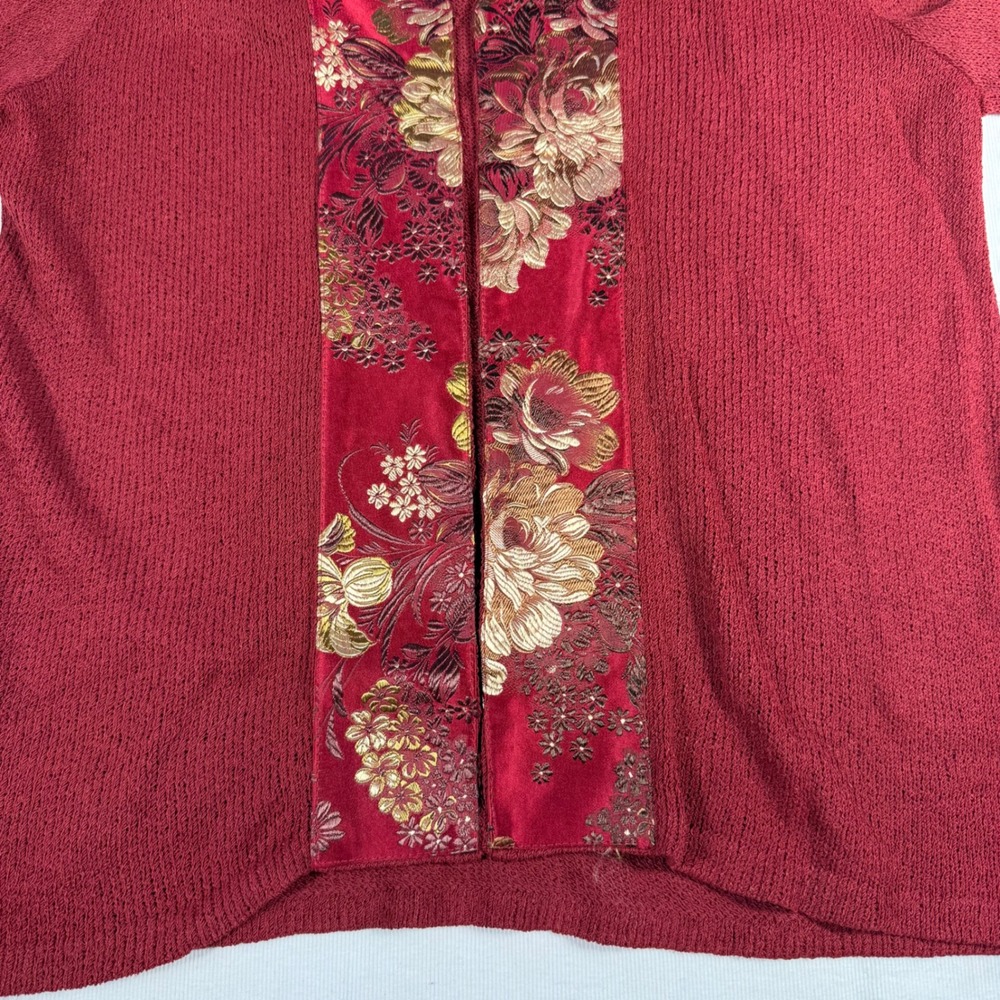 Ball of Cotton Red Textured Knit Cardigan with Floral Brocade Trim Women's S - Picture 15 of 16